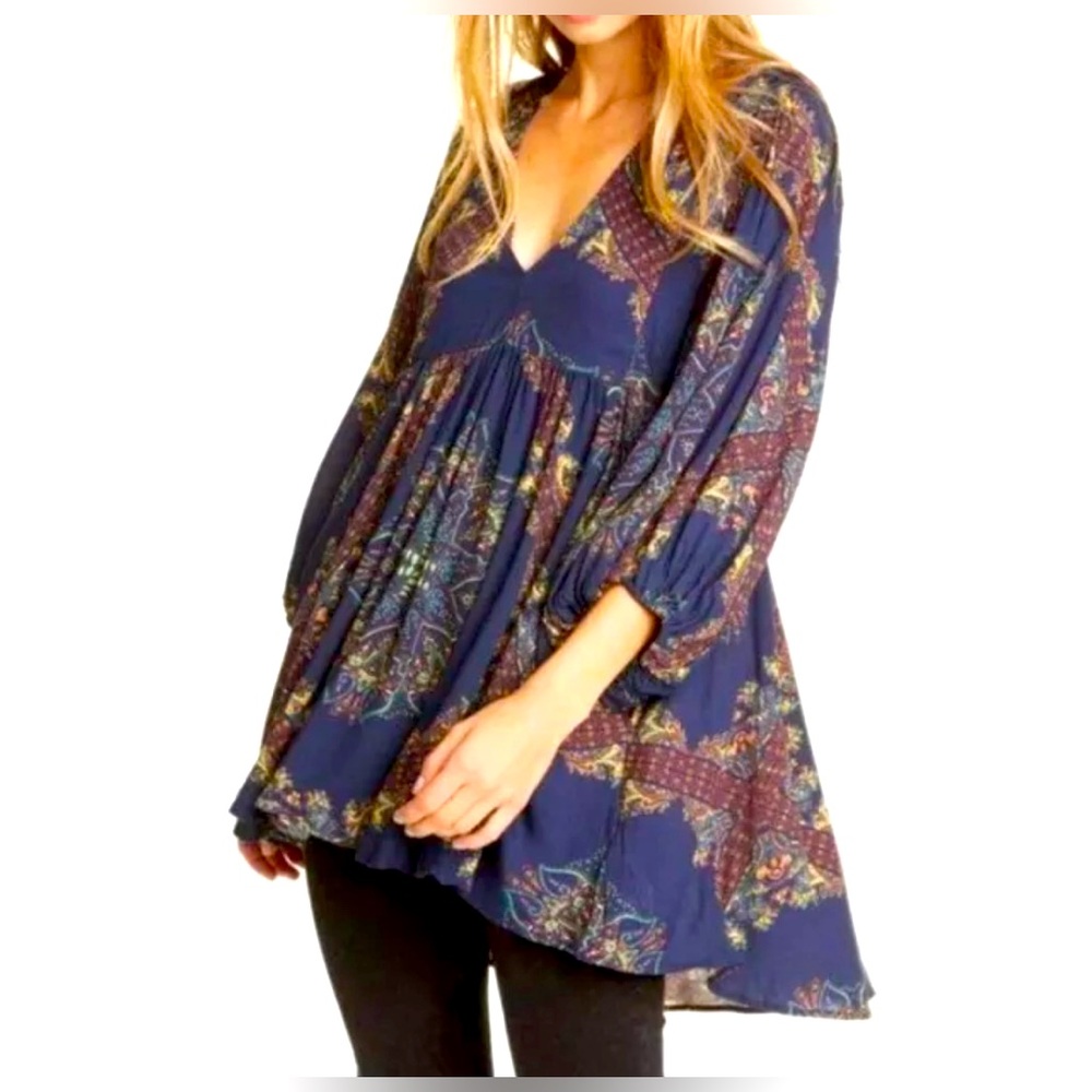 Free People Girl Talk Tunic Top Women's Size S Navy Blue Paisley